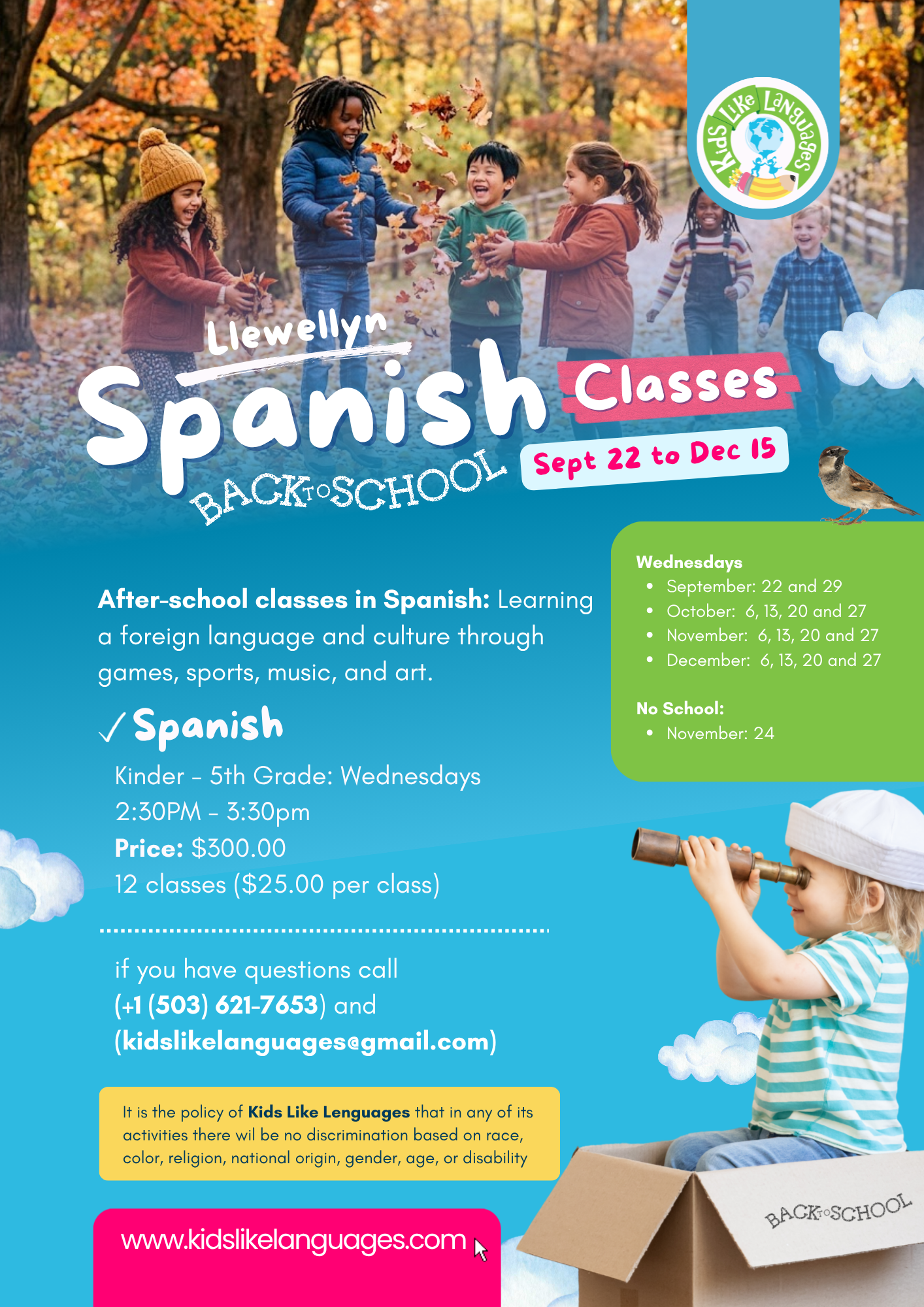 After School Classes in Spanish At Llewellyn (Sept to Dec)