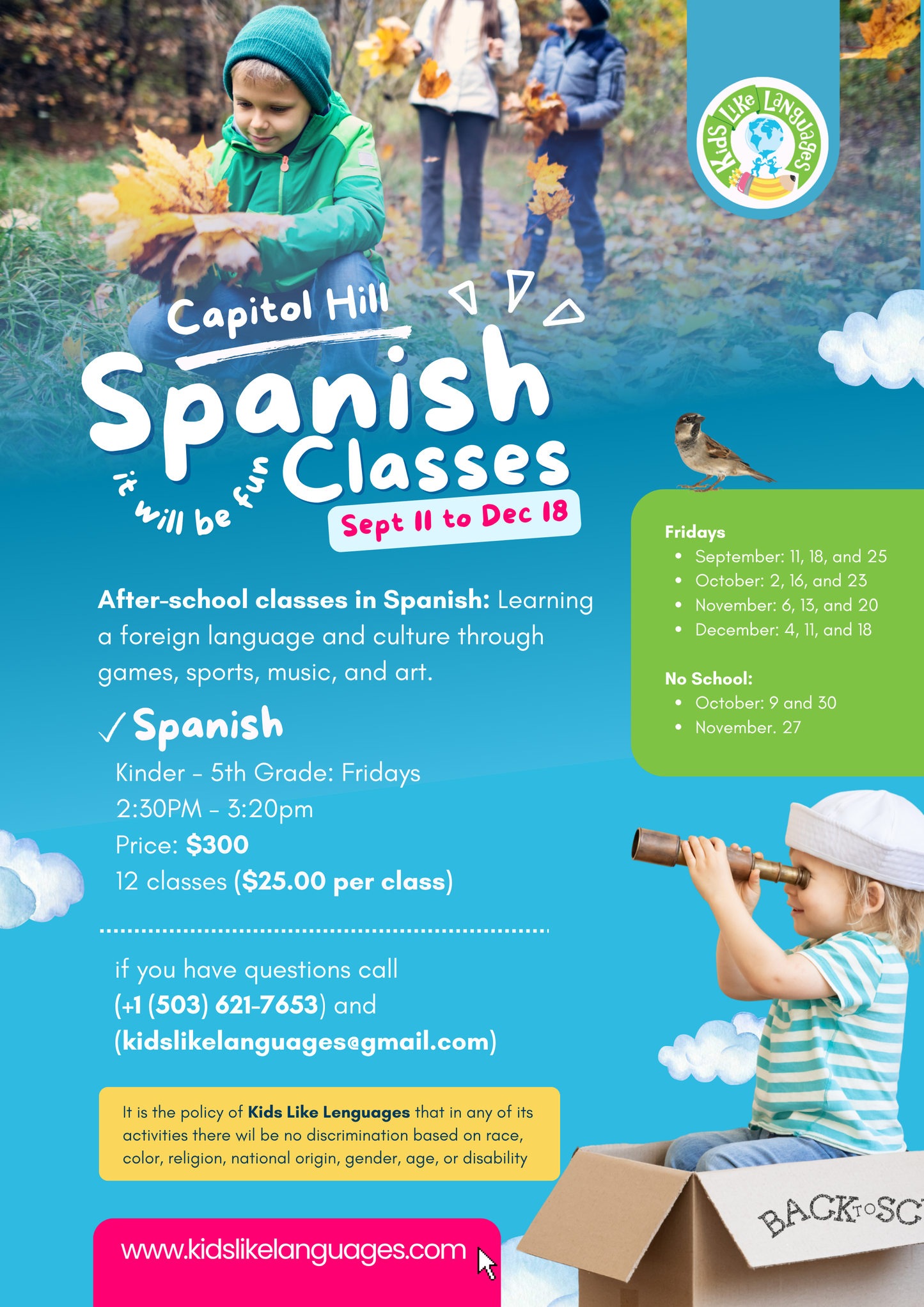 After School Classes At Capitol Hill Elementary School (Sept to Dec)