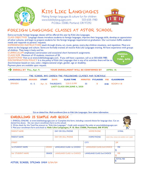 Spanish after school classes at Astor School