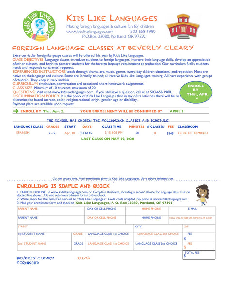 Intermediate Spanish classes at Beverly Cleary Fernwood