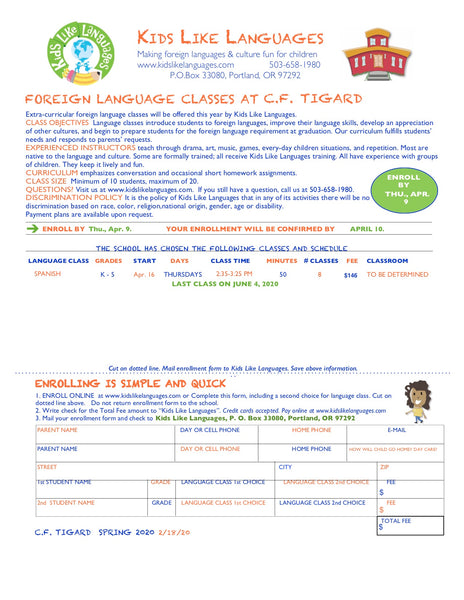 Spanish After School Program at Charles F. Tigard (CFT)
