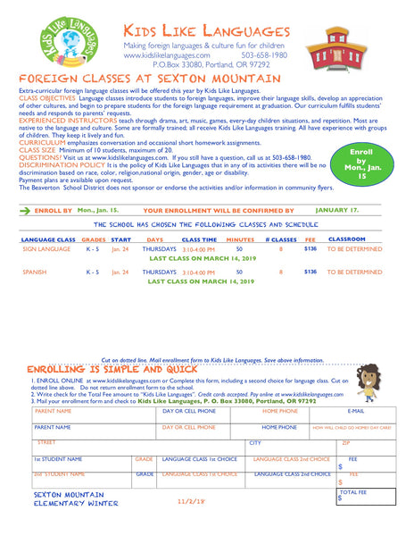 Spanish or Sign Language after School Program at Sexton Mountain