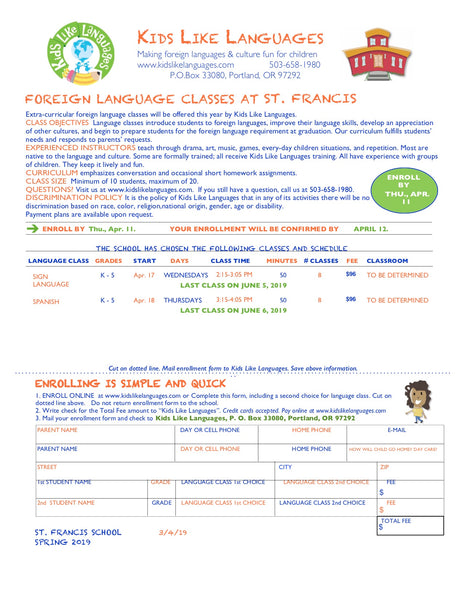 Spanish or Mandarin After School Program at St. Francis School